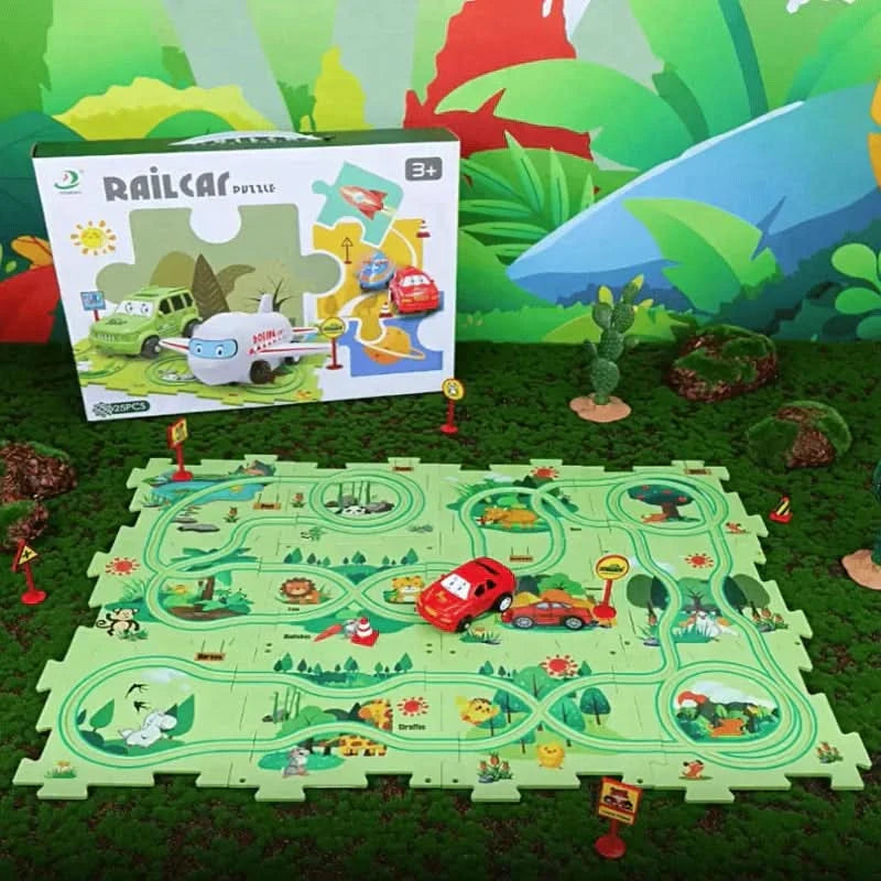 Circuit-puzzle educativo con veicoli elettrici 