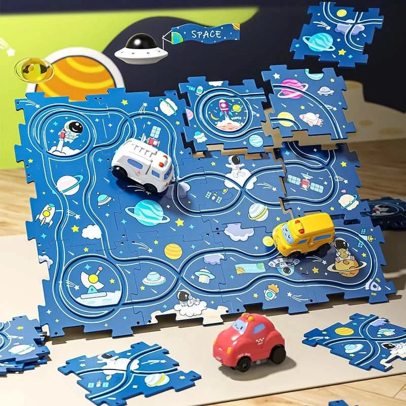 Circuit-puzzle educativo con veicoli elettrici 